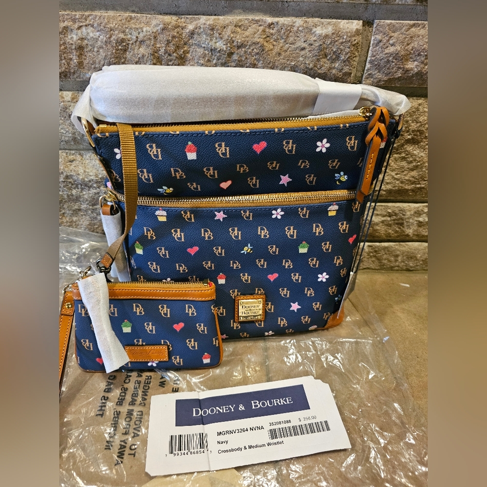 Dooney & Bourke Navy Crossbody with Multicolor Icon Print and Tan Trim